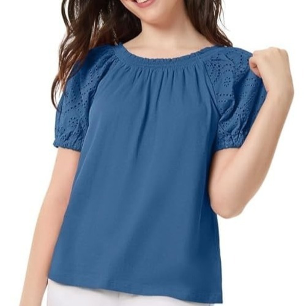 Jones New York Blue Eyelet Puff Sleeve Blouse